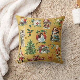 Vintage Retro Christmas Holiday Pattern Gold Throw Pillow