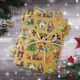 Vintage Retro Christmas Holiday Pattern Gold Wrapping Paper Sheets