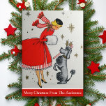 Vintage Retro Christmas Lady And Poodle Custom Holiday Card<br><div class="desc">This cute mid-century vintage Christmas card features a lady, in a red coat and white fur muff, greeting an adorable poodle with a candy cane in his mouth. The gold star bursts in the background add to the vintage-retro feel. Personalize by adding your names or family name at the bottom....</div>