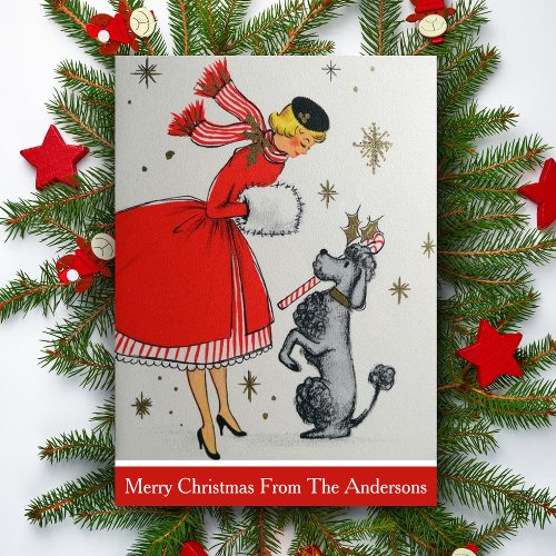 Vintage Retro Christmas Lady And Poodle Custom Holiday Card