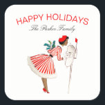 Vintage Retro Christmas Lady Red White Square Sticker<br><div class="desc">Vintage Retro Christmas Woman in dress at the Mailbox Holiday Sticker. Easily personalize this with your own family name. This sticker would be cute for adding to your holiday card envelopes for sealing and sending out to friends and family for the holiday season. Also perfect for crafts, collectables, gift packaging...</div>
