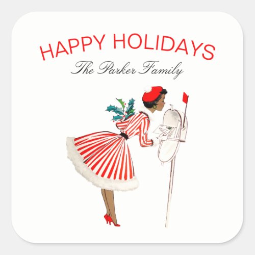 Vintage Retro Christmas Lady Red White Square Sticker