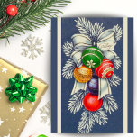 Vintage Retro Christmas Ornaments Spray Custom Holiday Card<br><div class="desc">This vintage card features an assortment of retro Christmas ornaments hanging on a flocked evergreen spray; a ribbon holds a tag that says 'Greetings'. The blue background compliments the creamy colors of the bow and evergreen and give a pop to the festive colors of the Christmas baubles. Personalize by customizing...</div>