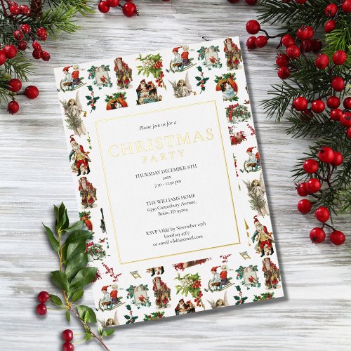 Vintage Retro Christmas Party Gold Foil Holiday Card