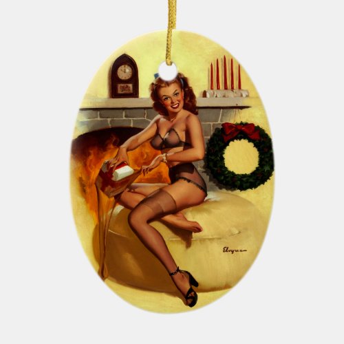 Vintage Retro Christmas Pin UP Girl Ceramic Ornament