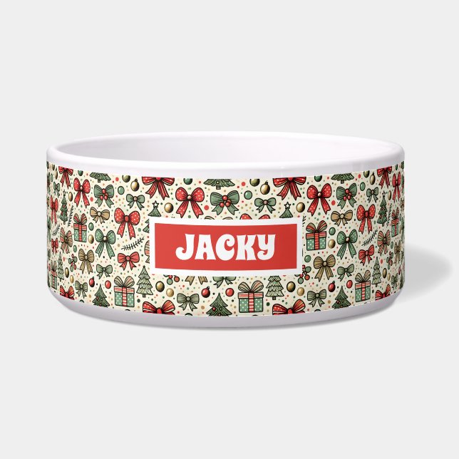 Vintage Retro Christmas Polka Dots Bows Dog Bowl (Front)