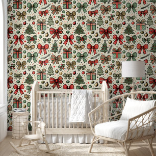 Vintage Retro Christmas Polka Dots Bows Pattern Wallpaper