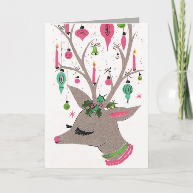 Vintage retro Christmas reindeer customizable card (Front)