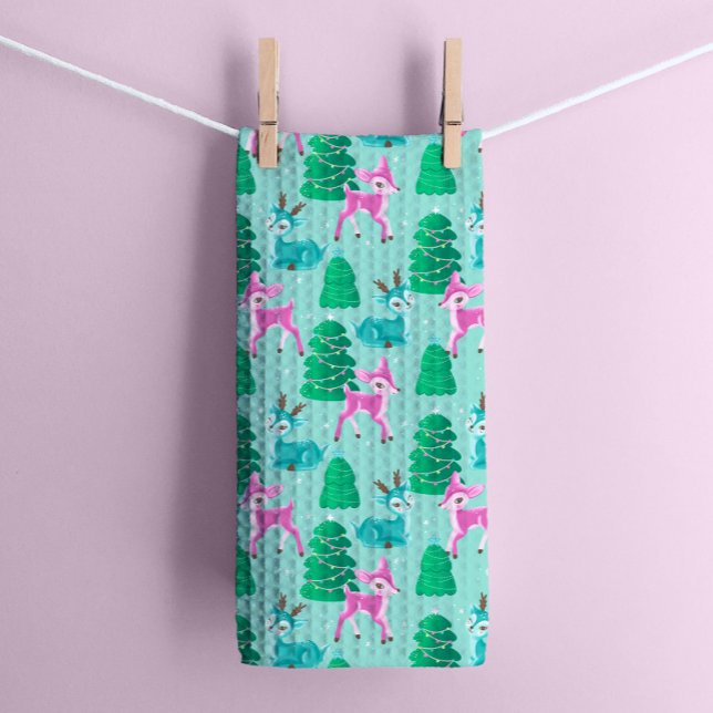 Vintage Retro Christmas Reindeer on Aqua Kitchen Towel (Creator Uploaded)