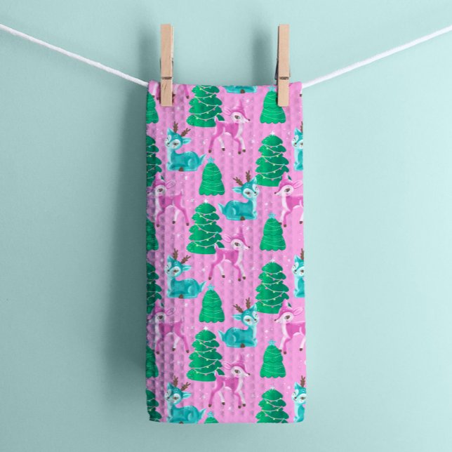 Vintage Retro Christmas Reindeer on Pink Kitchen Towel (Creator Uploaded)