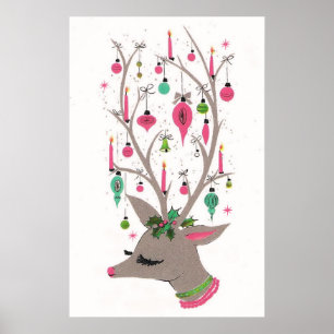Vintage retro Christmas reindeer poster