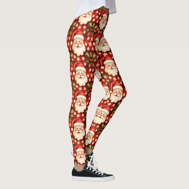 Vintage Retro Christmas Santa Claus and Bows Leggings (Right)