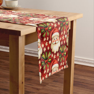 Vintage Retro Christmas Santa Claus and Bows Short Table Runner
