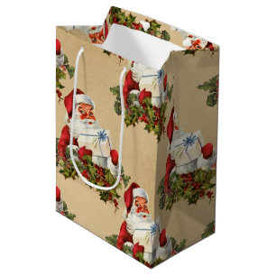 Vintage Retro Christmas Santa Claus Pattern Medium Gift Bag