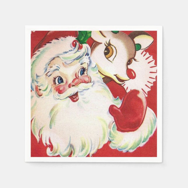 Vintage retro Christmas Santa reindeer napkins (Front)