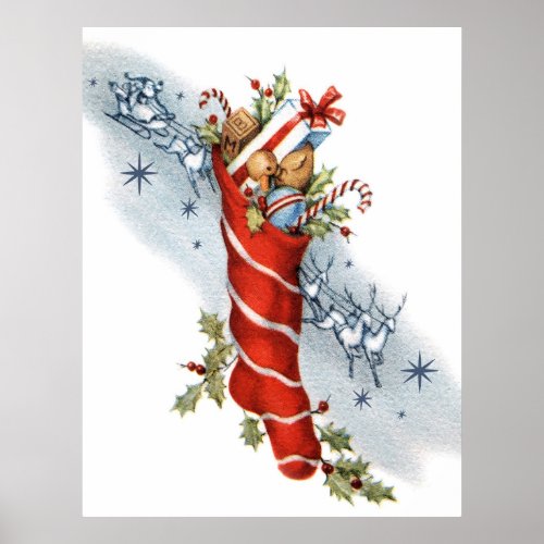 Vintage retro Christmas Santa stocking poster