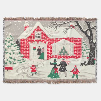 Vintage Retro Christmas Scene Little Red House Throw Blanket by jardinsecret at Zazzle