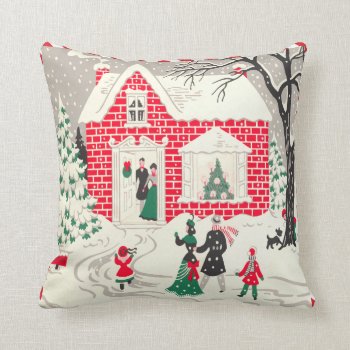 Vintage Retro Christmas Scene Little Red House Throw Pillow by jardinsecret at Zazzle
