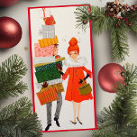 Vintage Retro Christmas Shopping Couple Custom Holiday Card<br><div class="desc">This cute mid-century vintage Christmas card features a man and wife happily shopping for Christmas with the husband carrying a stack of presents piled high above his head. Personalize by customizing the message on the back and/or adding your name(s).</div>