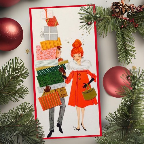 Vintage Retro Christmas Shopping Couple Custom Holiday Card