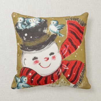 Vintage Retro Christmas Snowman And Birds Throw Pillow by jardinsecret at Zazzle