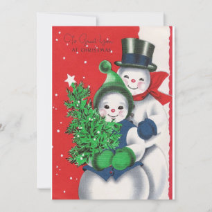 Vintage Retro Christmas Snowman Winter Scene Holiday Card