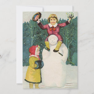 Vintage Retro Christmas Snowman Winter Scene Holiday Card