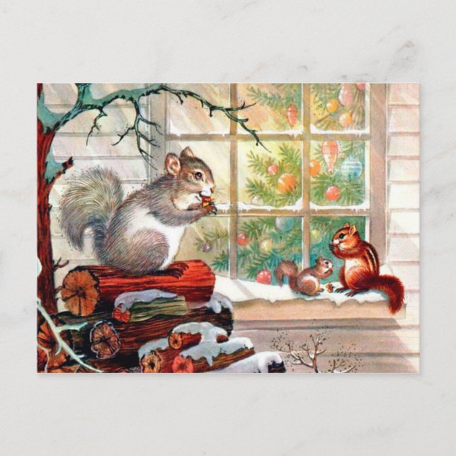 Vintage retro Christmas squirrels Holiday postcard (Front)