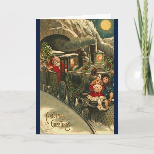 Vintage Retro Christmas Train Art Holiday Card (Front)