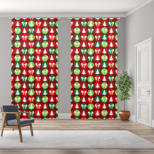 vintage Retro Christmas Trees and Bows Pattern Blackout Curtains (Wide)
