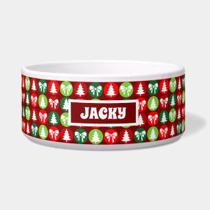 vintage Retro Christmas Trees and Bows Pattern Dog Bowl
