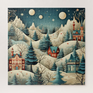 Vintage Retro Christmas Village Pine Trees Snow Jigsaw Puzzle