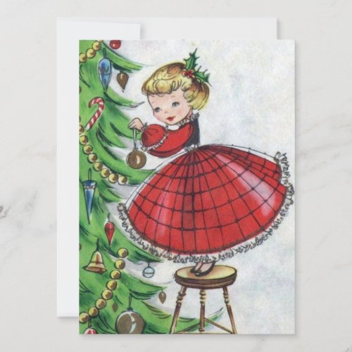 Vintage Retro Christmas Woman Decorating Tree Holiday Card