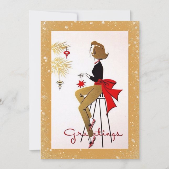 Vintage Retro Christmas Woman Gold Holiday Card (Front)
