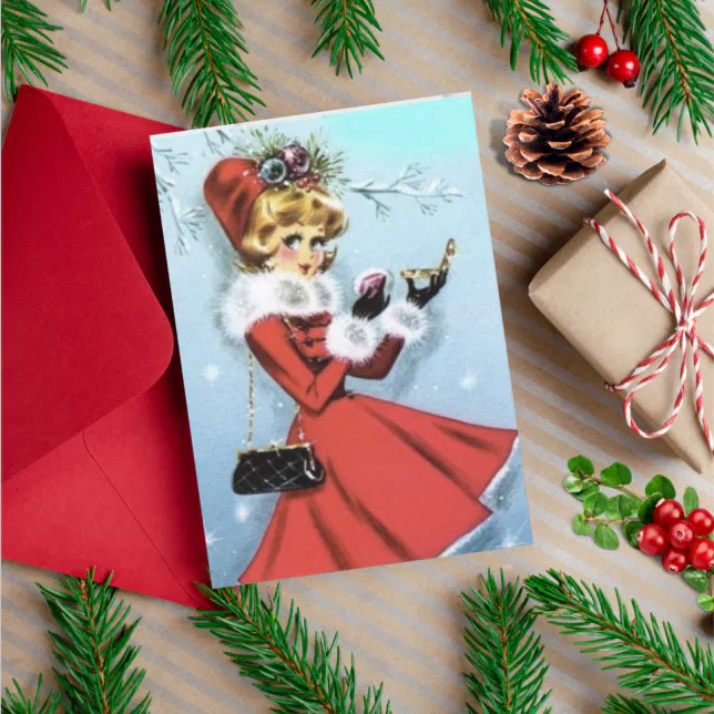 holiday card dress Vintage Retro Christmas Woman in Red 221103