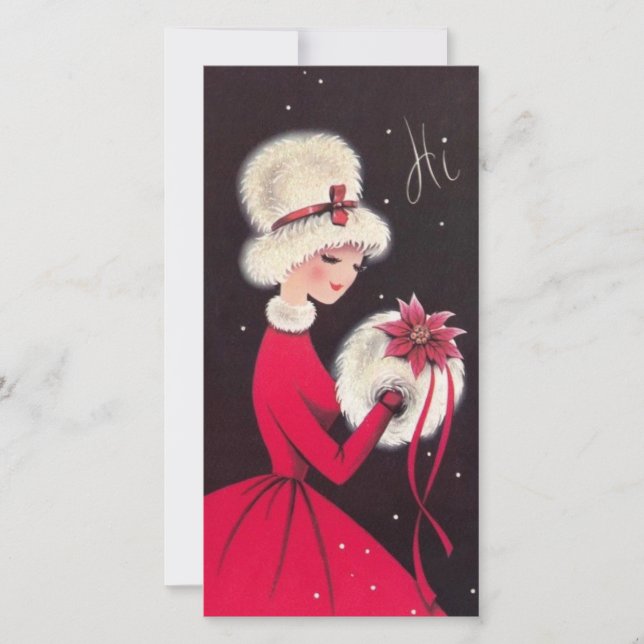 Vintage Retro Christmas Woman in Snow Holiday Card (Front)