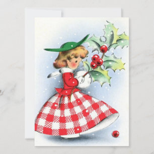 Vintage Retro Christmas Woman with Holly Berry Holiday Card