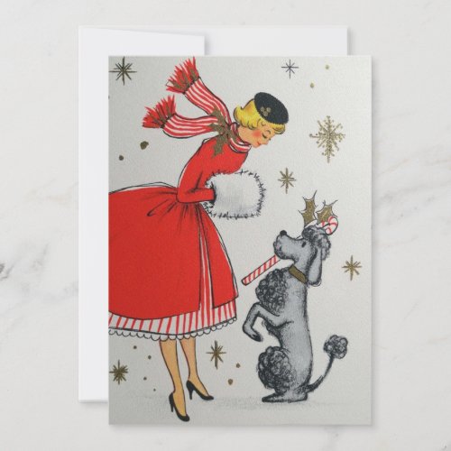 Vintage Retro Christmas Woman with Poodle Holiday Card