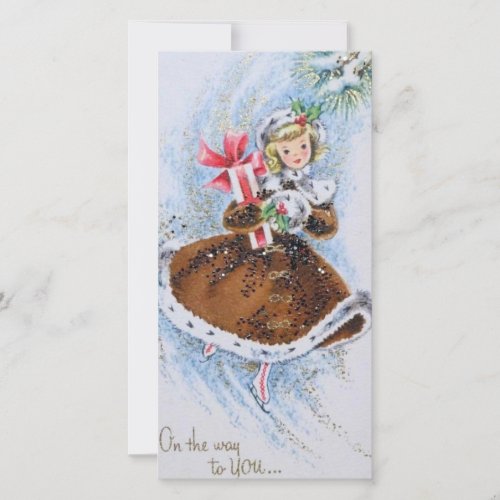 Vintage Retro Christmas Woman with Presents Holiday Card