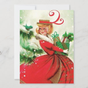 Vintage Retro Christmas Woman with Presents Holiday Card