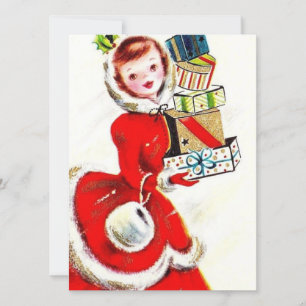 Vintage Retro Christmas Woman with Presents Holiday Card