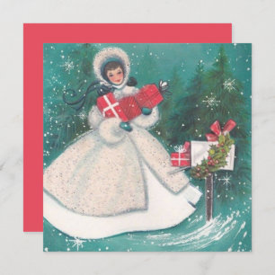 Vintage Retro Christmas Woman with Presents Holiday Card