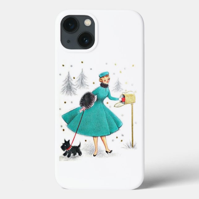 Vintage Retro Christmas Woman with Scotty Dog Case-Mate iPhone Case (Back)