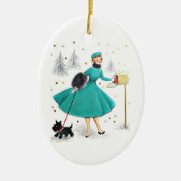 Vintage Retro Christmas Woman with Scotty Dog Ceramic Ornament
