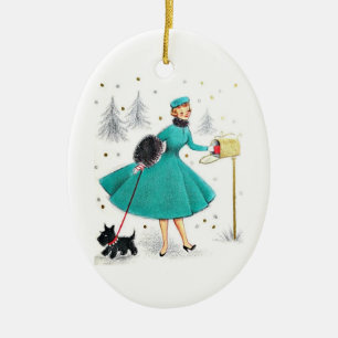 Vintage Retro Christmas Woman with Scotty Dog Ceramic Ornament
