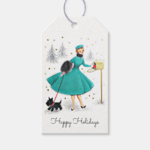 Vintage Retro Christmas Woman with Scotty Dog Gift Tags