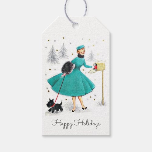 Vintage Retro Christmas Woman with Scotty Dog Gift Tags