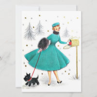Vintage Retro Christmas Woman With Scotty Dog Holiday Card
