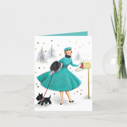 Vintage Retro Christmas Woman with Scotty Dog Holiday Card