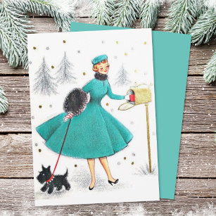 Vintage Retro Christmas Woman With Scotty Dog Holiday Card